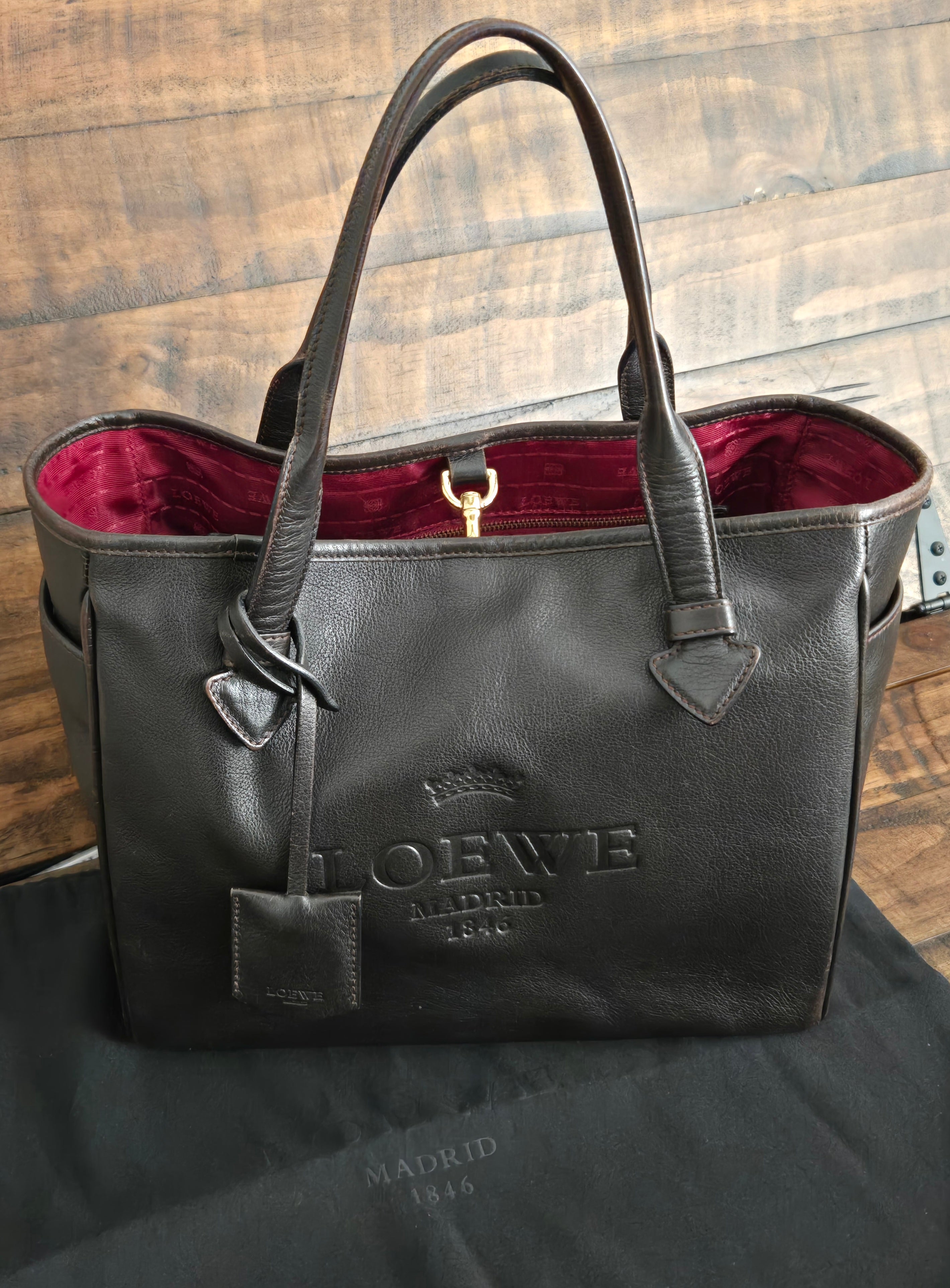 Loewe Heritage Y2K Tote Bag Logo  Leather Brown Red Interior Dust