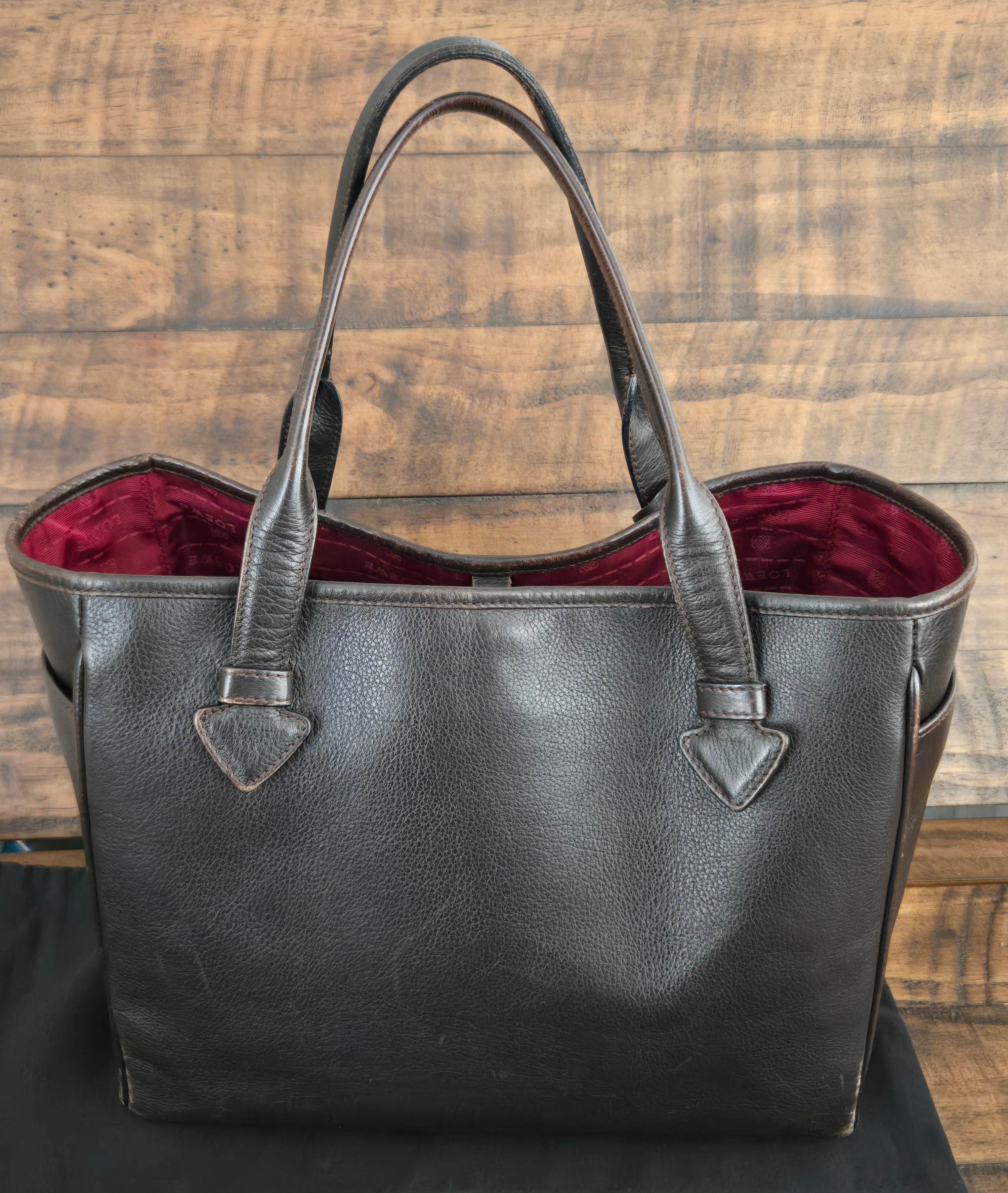Loewe Heritage Y2K Tote Bag Logo  Leather Brown Red Interior Dust