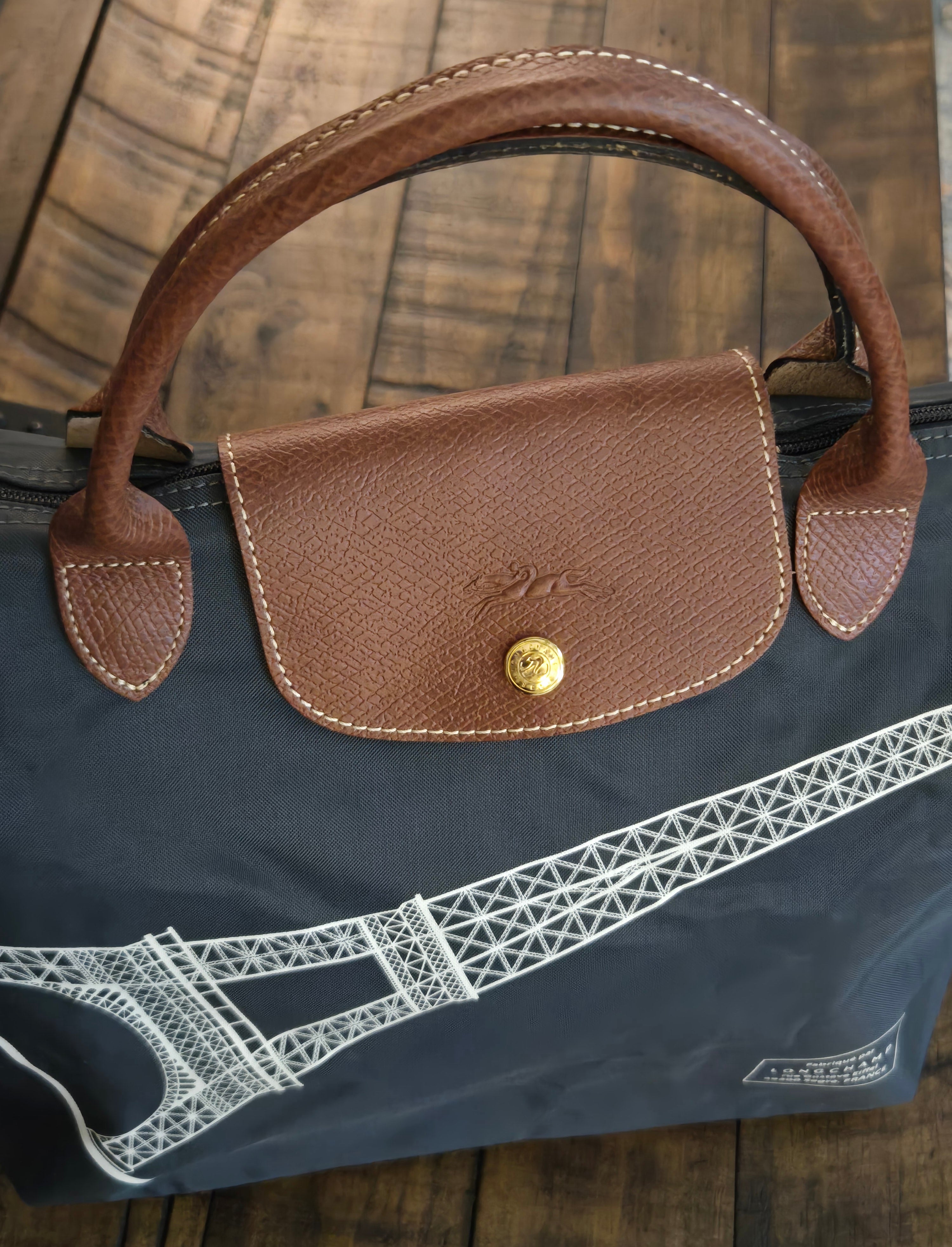 Longchamp Pliage Eiffel Tower Nylon Tote Duffel Bag Dark Blue Foldable New