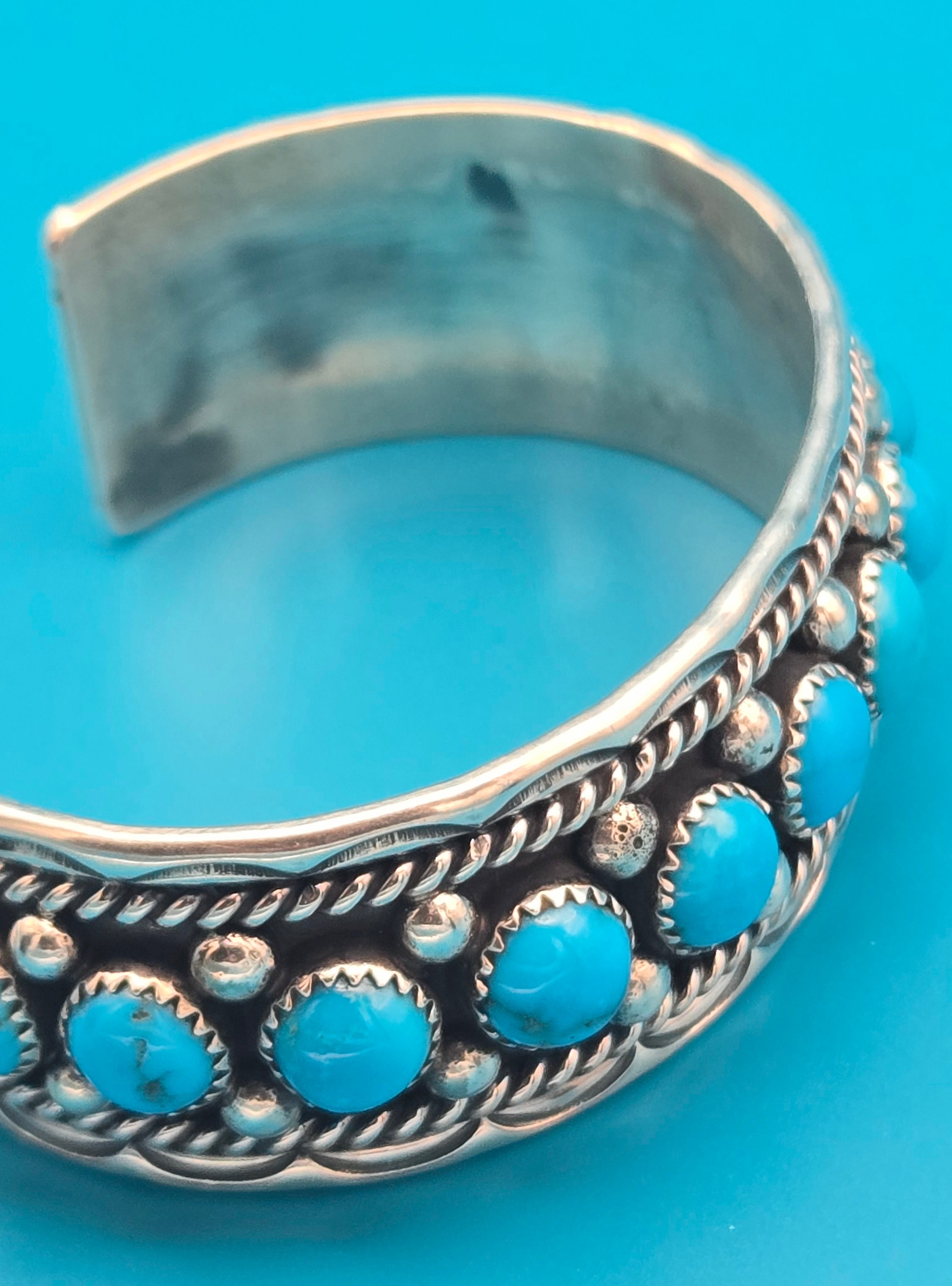 Navajo Sterling Silver 15-Stone Turquoise Cuff Bracelet Chester Charley