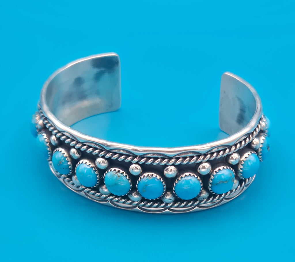 Navajo Sterling Silver 15-Stone Turquoise Cuff Bracelet Chester Charley