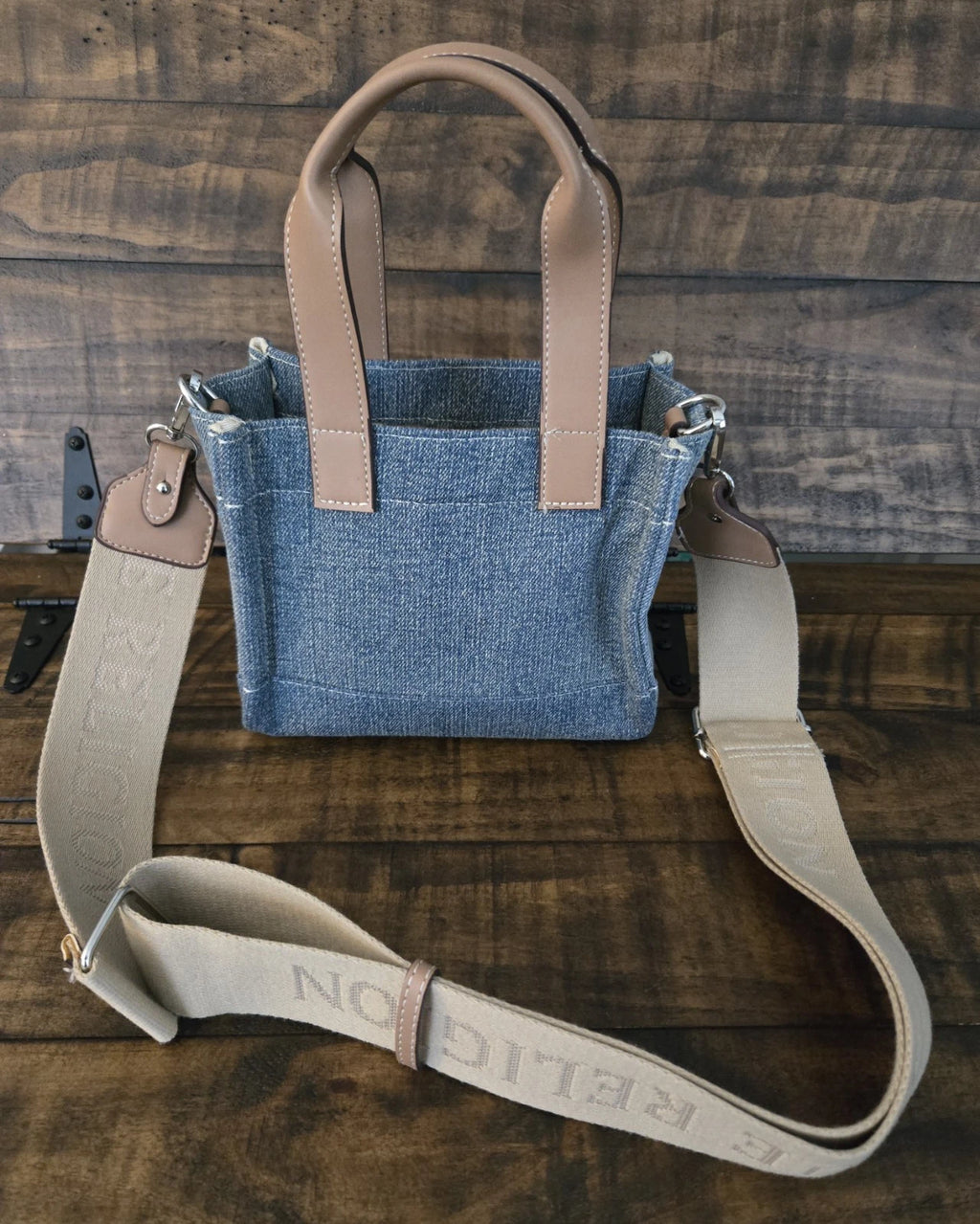 True Religion Mini Denim Crossbody Tote Bag with Removable Strap