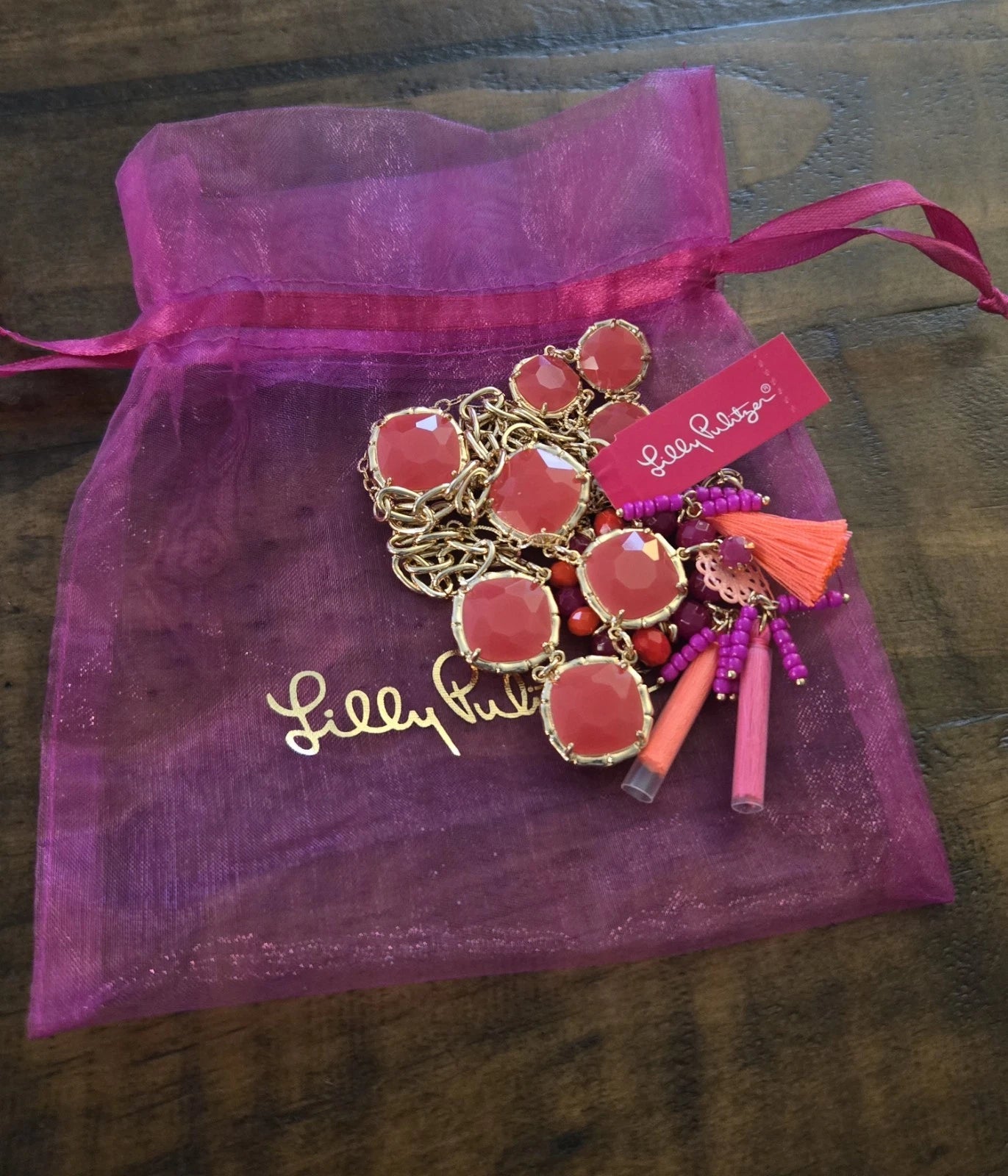 Lilly Pulitzer Necklace New Exotic Tassel Double Strand Pink Pouch