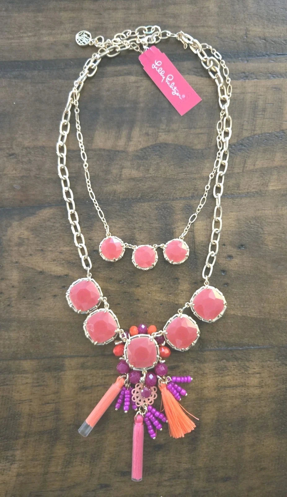 Lilly Pulitzer Necklace New Exotic Tassel Double Strand Pink Pouch