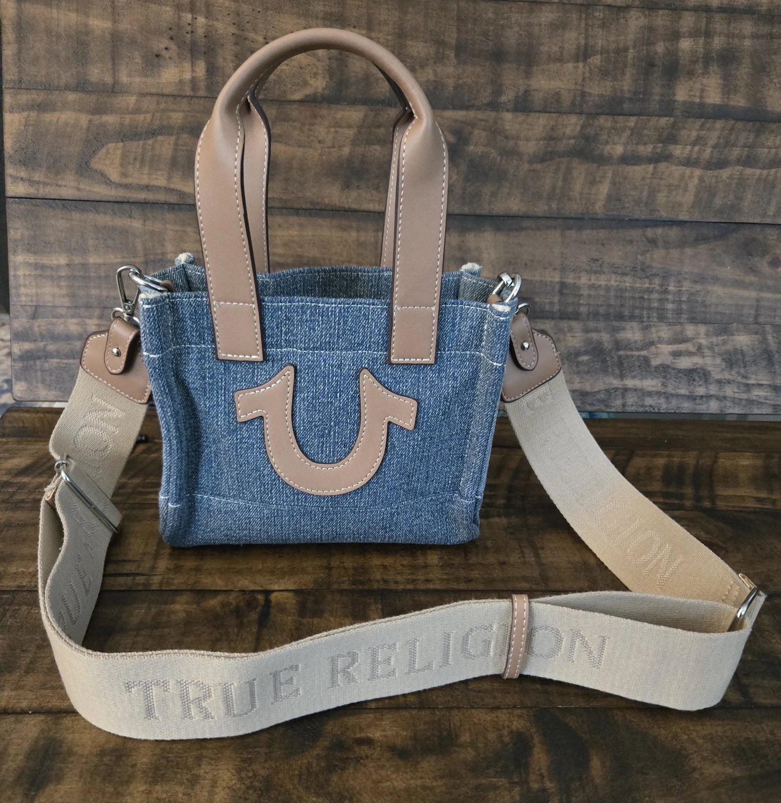 True Religion Mini Denim Crossbody Tote Bag with Removable Strap